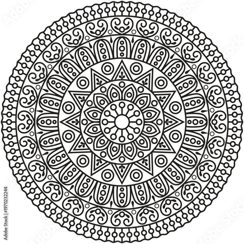 A beautifully detailed decorative mandala design created with intricate floral and geometric elements arranged in a perfectly balanced circular composition.