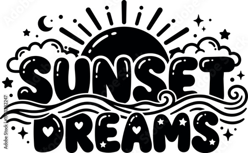 Sunset dreams lettering with sun waves stars and moon vector art black and white