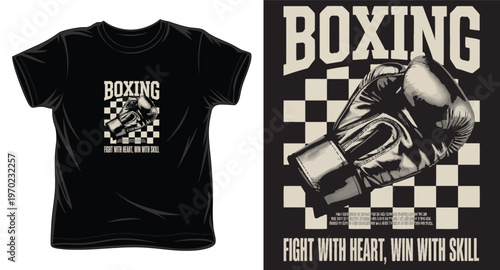 Boxing t-shirt design with boxing glove on checkered background for fight with heart, win with skill