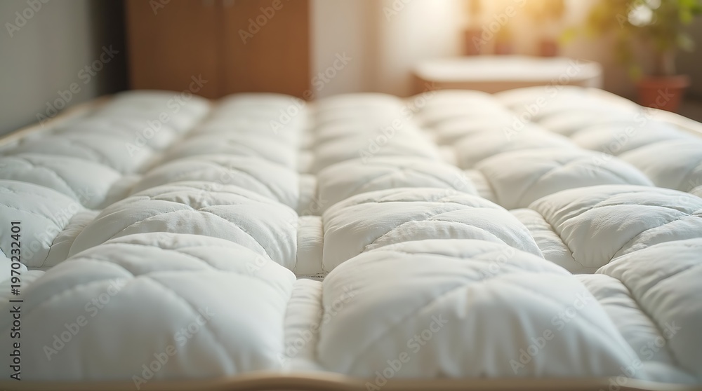 Fototapeta premium Close-up of a white tufted mattress surface in a bedroom