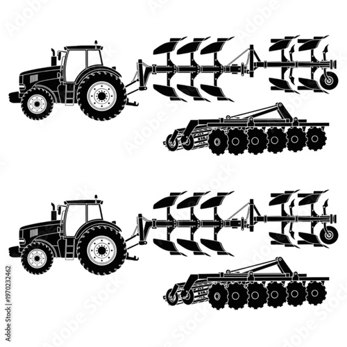 Tractor with reversible plow and disc harrow black art set, Black vector silhouettes, each featuring a modern farm tractor towing a reversible plow, with a disc harrow/roller attachment silhouette 