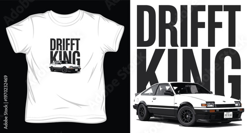 Drift king automotive t-shirt design featuring white drift car illustration