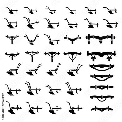 Traditional agricultural tool silhouettes, plows and yokes icons, A set of simple black and white silhouette icons depicting various traditional agricultural tools, including hand plows, 