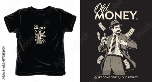 Old money style t-shirt design with a man holding money and bottles