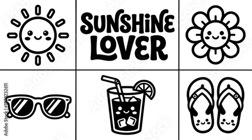 Smiling sun happy flower sunglasses cold drink and flip flops with sunshine lover text vector art
