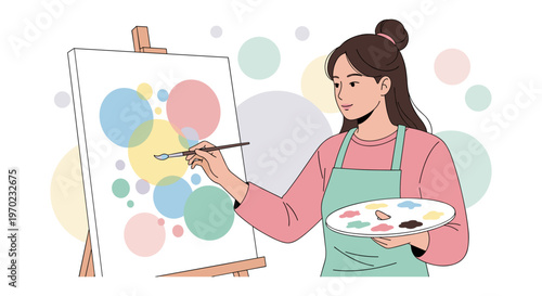 Woman painting colorful abstract art in playful vibrant style with soft lighting for creative advertising