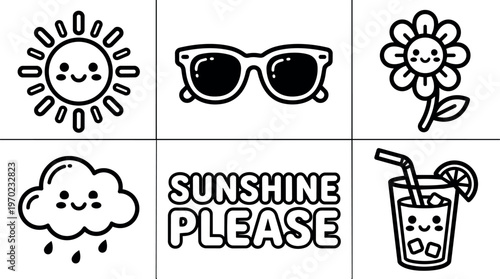 Cute smiling sun cloud flower sunglasses and sunshine please phrase vector art