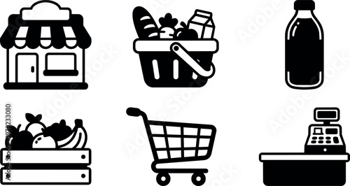 Black and white grocery store shopping icons with bottle basket cart and cash register