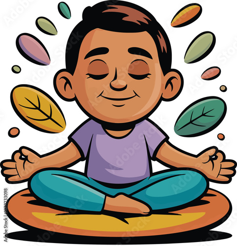 Little Boy Meditating In Yoga Lotus Pose With Floating Leaves Vector Illustration