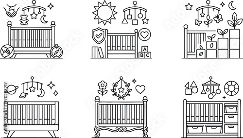 Vector set of baby crib icons with different mobiles and nursery furniture designs for parenting and childcare.