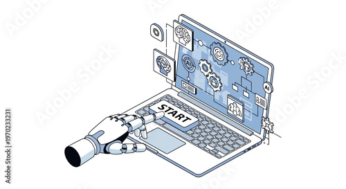 Robotic Hand Pressing Start Button on Laptop with AI Interface. Isometric Digital Transformation, Automation, and Machine Learning Concept Illustration.
