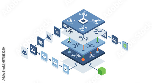 Isometric Artificial Intelligence Neural Network Illustration for Deep Learning and Image Recognition Data Processing