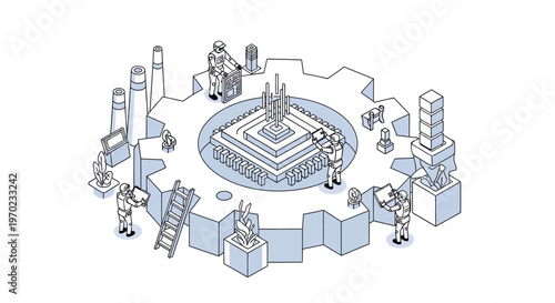 Isometric Smart Factory and Industrial Automation Concept with Robots and Gear