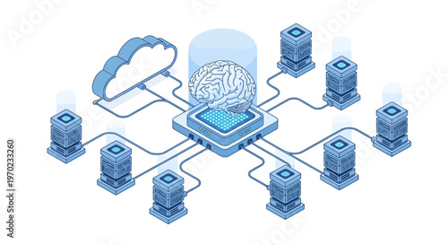 Artificial Intelligence and Cloud Computing Network Isometric Illustration with Human Brain and Data Servers