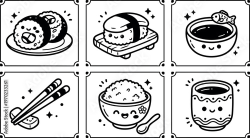 Cute black and white sushi rice and soy sauce vector art