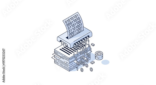 Isometric Illustration of Binary Code Data Converting into Physical Paper Documents - Digital Transformation and Information Processing Concept