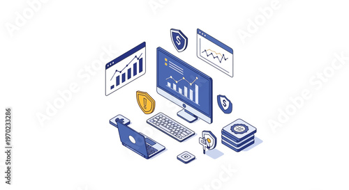 Isometric Data Security and Financial Analysis Illustration with Charts, Computer, and Shield Icons for Business Intelligence and Cyber Protection