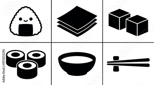 Black and white sushi ingredients and chopsticks vector set