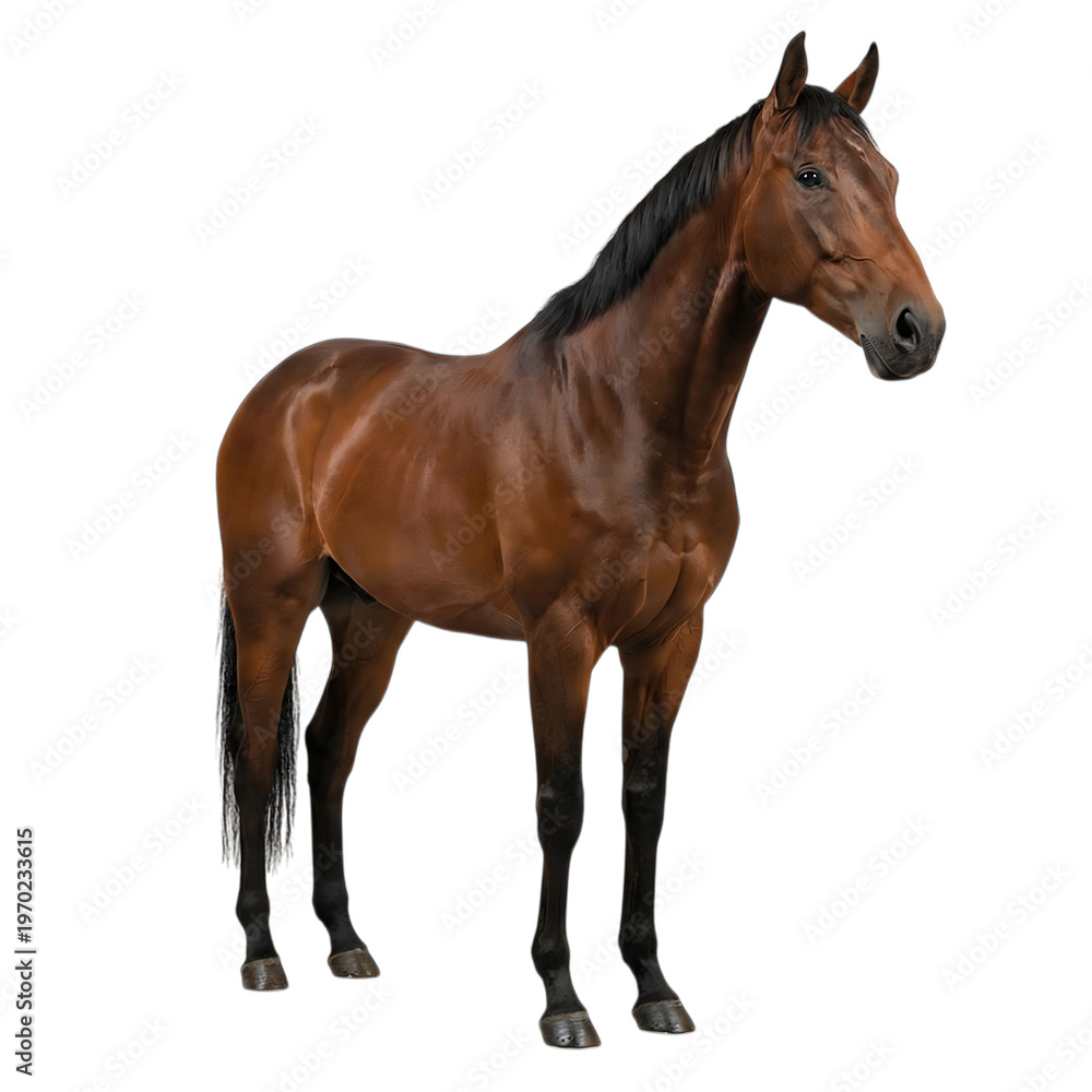 Fototapeta premium A beautiful brown horse stands alert on a clean white background, perfect for equestrian themes or animal-related projects.