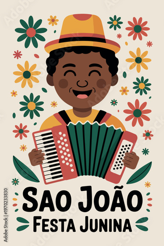 Boy playing accordion surrounded by flowers and text