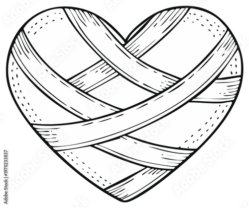 Heart wrapped in bandages, symbolizing injury, healing, or recovery in a doodle art style.