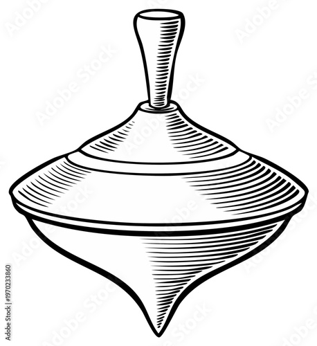 Illustration of a classic toy spinning top, with detailed line drawing and shading