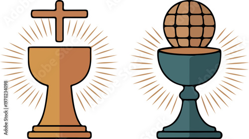 Christian chalice with cross and globe vector icons