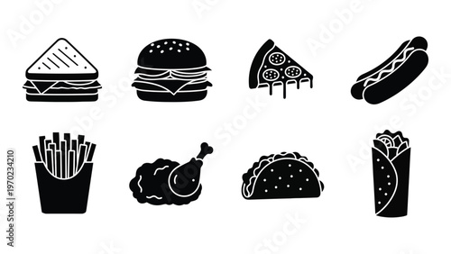 A collection of fast food items a sandwich burger pizza hotdog fries chicken taco and wrap silhouette high quality professional detailed