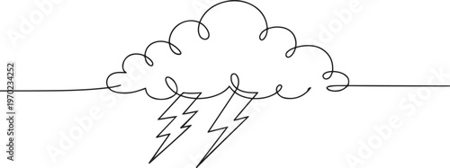 Continuous one line editable drawing of thundercloud and lightning, Single continuous line art rainy stormy cloud. one line Icon drawing