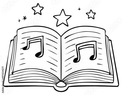 Musical storybook with notes and stars illustration in vector format for creative projects
