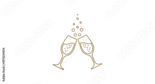 Two golden outline champagne flutes clink together in a celebratory toast with bubbles rising above them.