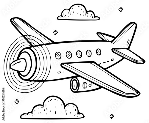 Whimsical black and white cartoon airplane flying amongst playful clouds and tiny stars