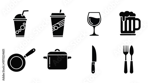 A collection of black silhouette icons depicting various drinks cookware and cutlery items silhouette high quality professional detailed modern elegant stylish