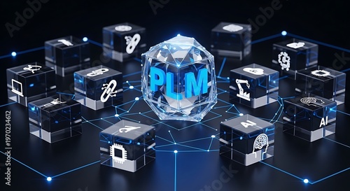 Product lifecycle management concept with plm text and icons representing different stages of the product lifecycle on a black background. Digital Connectivity for Smart Manufacturing and Industrial