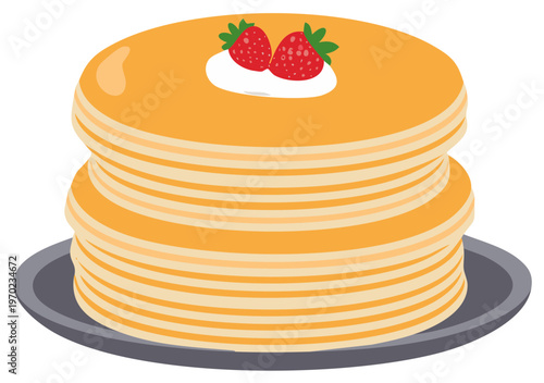 Tall stack of fluffy pancakes with fresh strawberries and whipped cream for breakfast