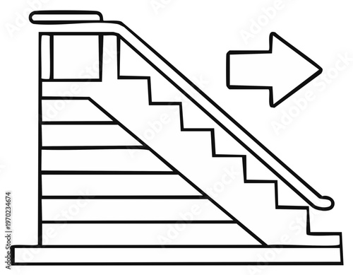 Staircase with handrail and arrow pointing right direction