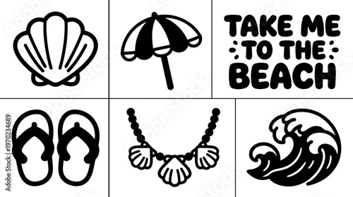 Black and white shell flip flops beach umbrella wave and take me to the beach lettering vector art