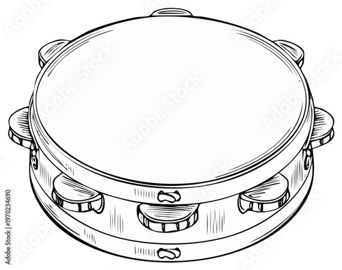 Tambourine Musical Instrument Hand Drawn Sketch Outline Art