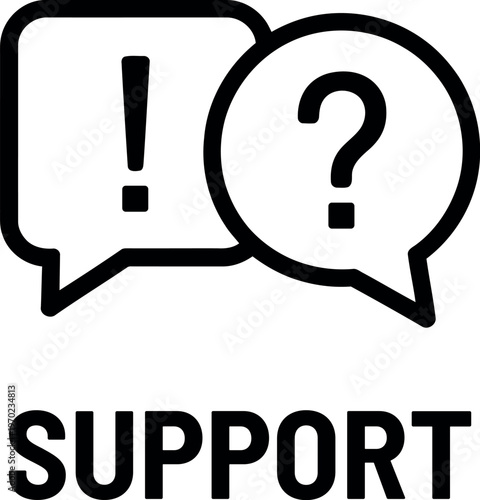 Line art icons representing questions and answers with the word support below isolated on transparent background
