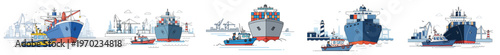 Flat vector illustration of a harbor pilot guiding a large cargo ship into the port using a small pilot boat, minimal geometric shapes, modern maritime illustration style, clean outline.