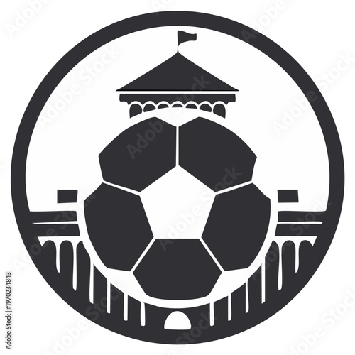 Soccer Ball and Classic Stadium Silhouette in a Circular Sports Emblem