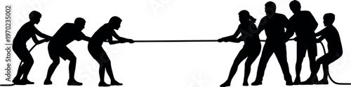 Silhouettes of people participating in a competitive tug of war game with a rope