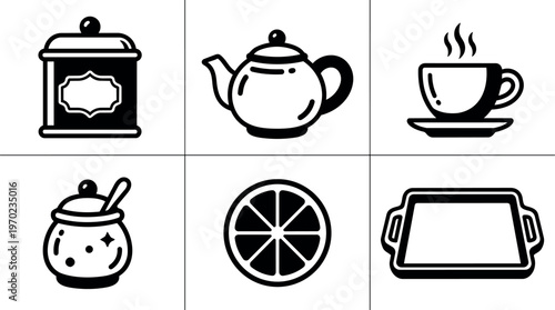 Black and white kitchenware set icon collection with teapot cup lemon honey and tray