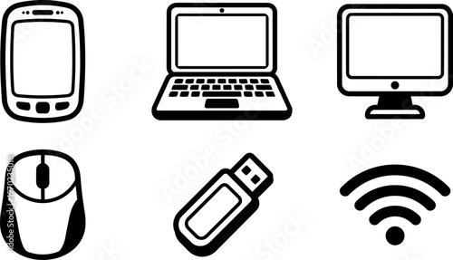 Black and white line art computer laptop mouse usb and wifi icons