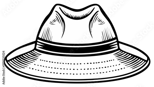 Retro Fedora Hat Illustration, Vintage Style Headwear, Black and White Drawing