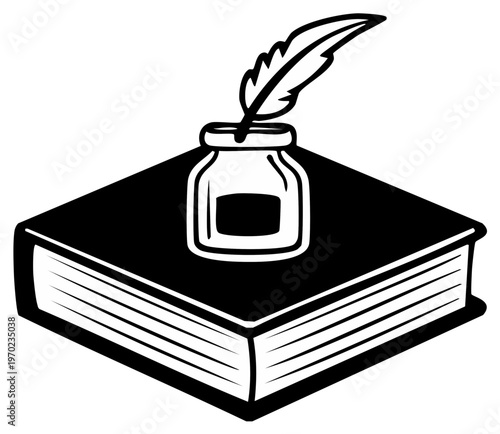 Classic Quill Pen and Ink Bottle Resting on an Open Book