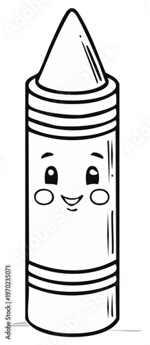 Happy cartoon crayon with a smiling face and closed eyes, black and white outline