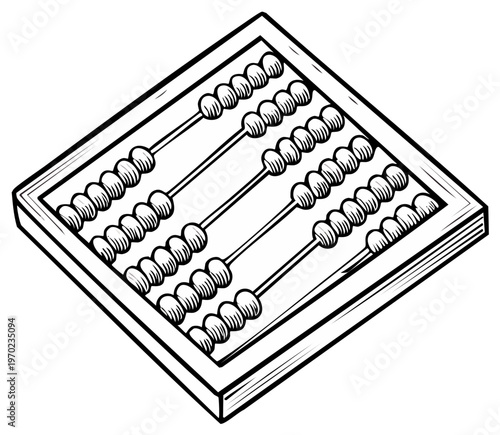 Vintage abacus illustration shows counting tool with beads for calculating and early mathematics; sketch style art