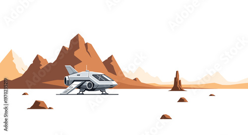 A compact grey and white spaceship rests on a vast, flat Martian plain with jagged mountains in the background.