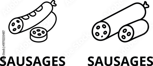 Two simplified line art icons depicting sausages and sliced sausage sections isolated on transparent background